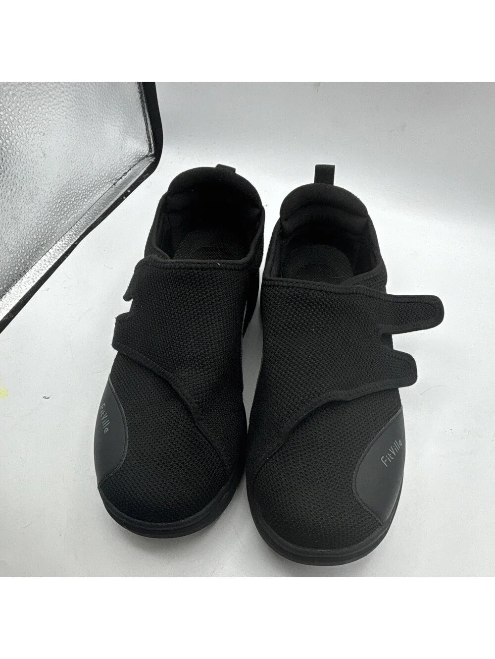 FitVille Mens Black Mesh Hook & Loop Strap Sneaker Wide Lightweight Size 11EEW